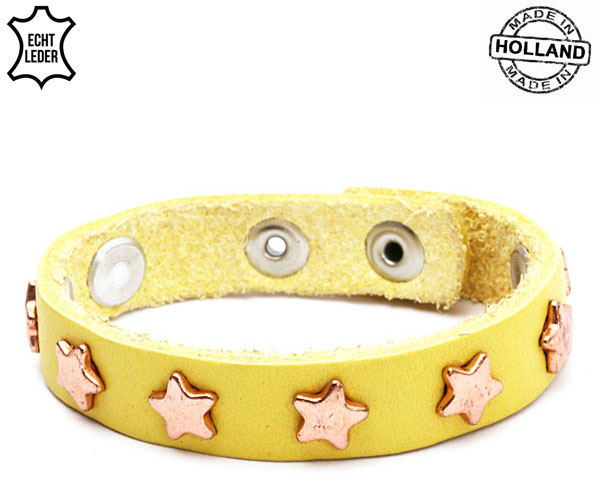 Lederen armband YELLOW met roze gouden ster studs