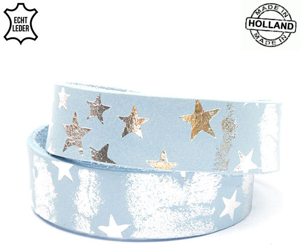 Lederen armband BLUE breed met sterren