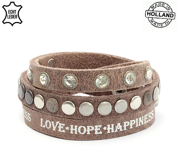 Lederen armband BROWN met tekst love hope happiness
