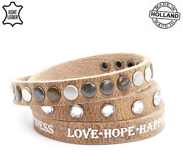 Lederen armband LIGHTBROWN met tekst love hope happiness en ronde studs