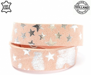 Lederen armband PINK breed met sterren