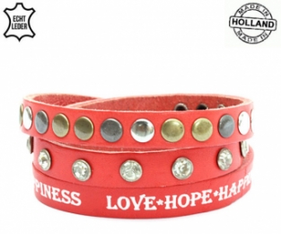 Lederen armband RED met tekst love hope happiness en ronde studs