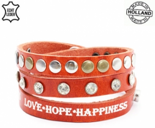 Lederen armband BROWN RED met tekst love hope happiness en ronde studs