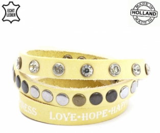 Lederen armband YELLOW met tekst love hope happiness en ronde studs