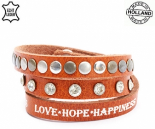 Lederen armband MIDDLE BROWN met tekst love hope happiness ronde studs