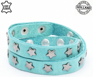 Lederen armband LIGHT BLUE met lichte ster studs