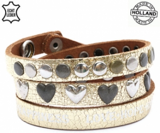 Lederen armband GOLD print tekst love hope happiness met hart en ronde studs