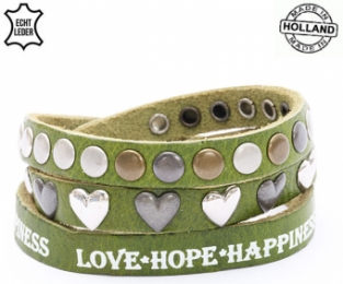 Lederen armband GREEN met tekst love hope happiness
