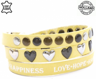 Lederen armband YELLOW met tekst love hope happiness