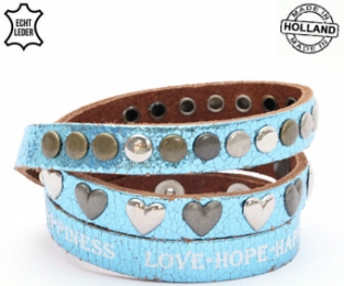 Lederen armband BLUE met tekst love hope happiness hart