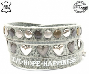 Lederen armband GREEN/GREY tekst love hope happiness hart en ronde studs